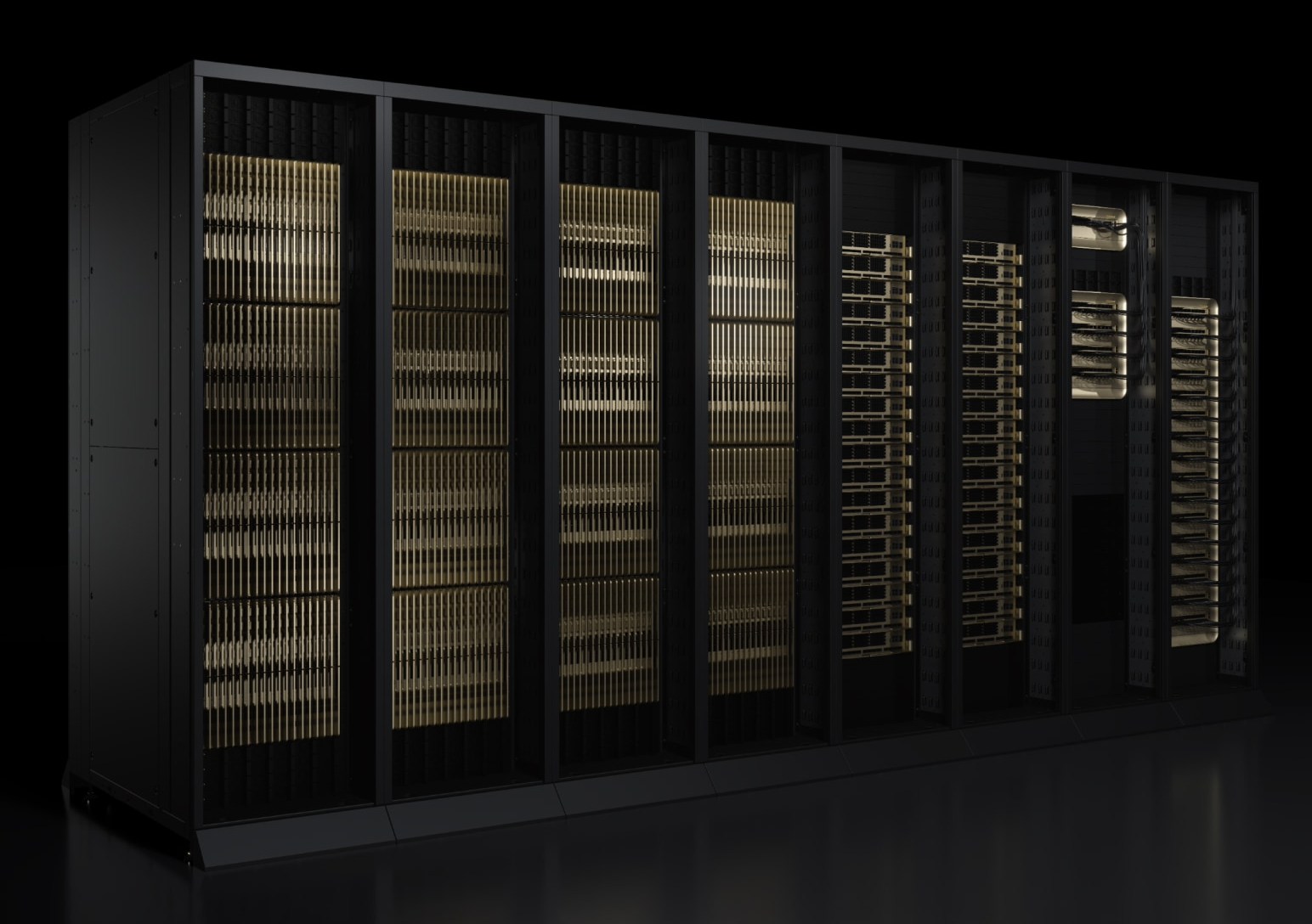 A rack-scale AI system — compute racks alongside dedicated power and cooling sidecars