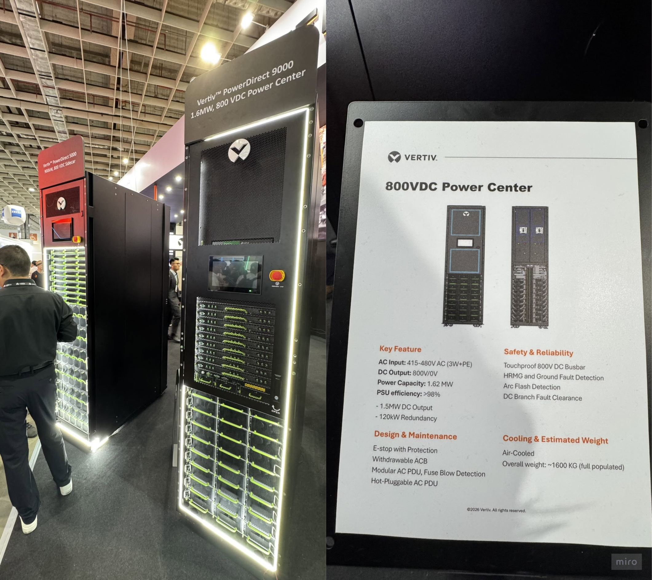Vertiv PowerDirect 9000 800 V DC Power Center — 1.62 MW, 415–480 VAC in → 800 V DC out, >98% efficiency, 120 kW redundancy