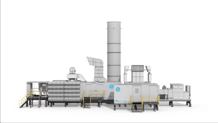 A packaged aeroderivative gas-turbine genset with exhaust stack (GE Vernova)