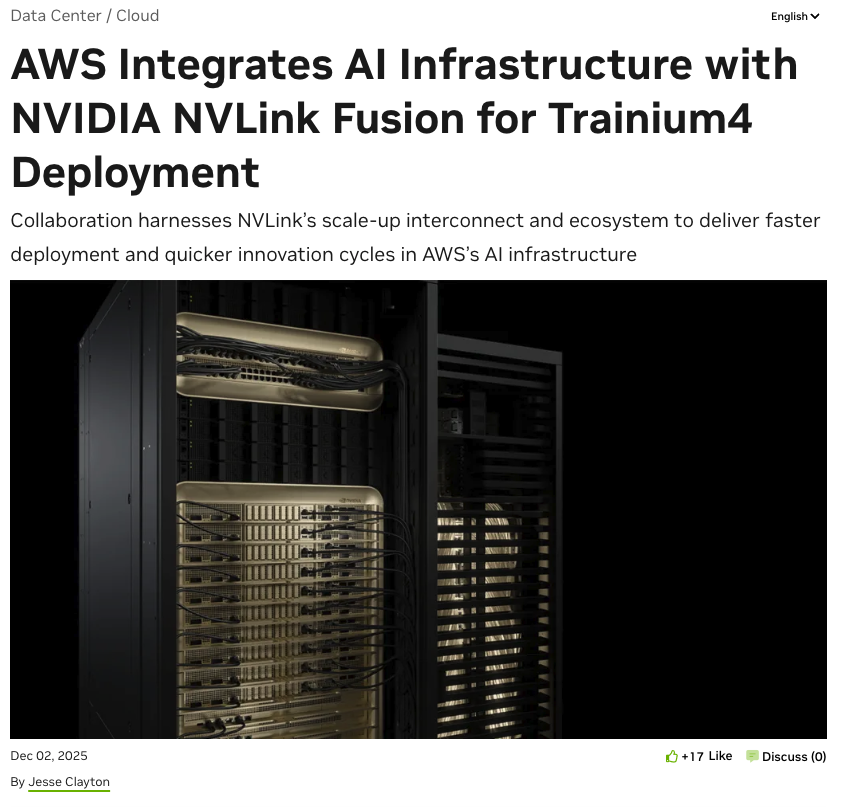 Reports that AWS adopted NVIDIA NVLink Fusion for Trainium 4 deployments