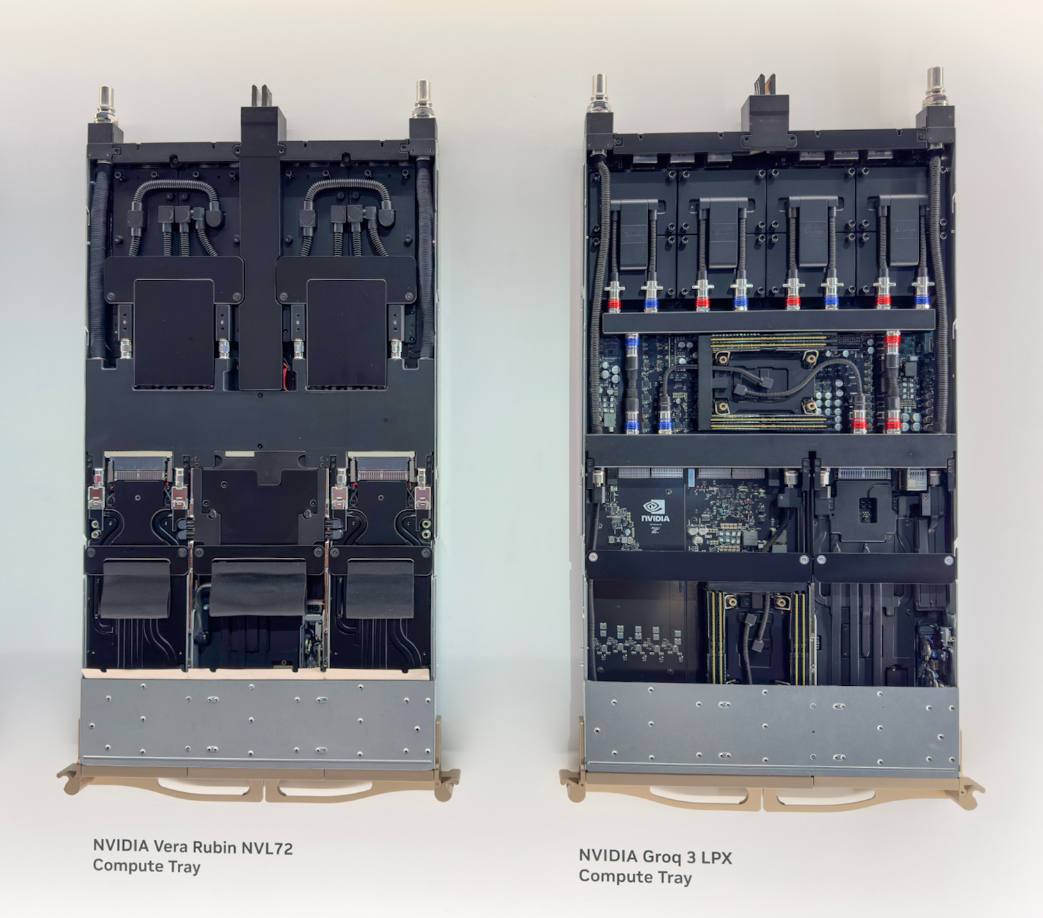 VR NVL72 Compute Tray vs Groq 3 LPX Compute Tray (side-by-side)