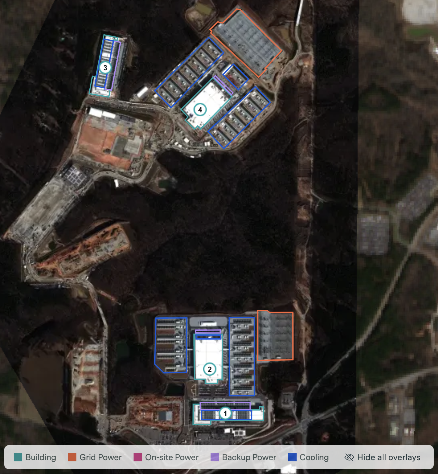 Microsoft Fairwater Atlanta datacenter — satellite view with overlays for Building, Grid Power, On-site Power, Backup Power, and Cooling. Second-highest active capacity at 859 MW; hosts ~300K B200s online