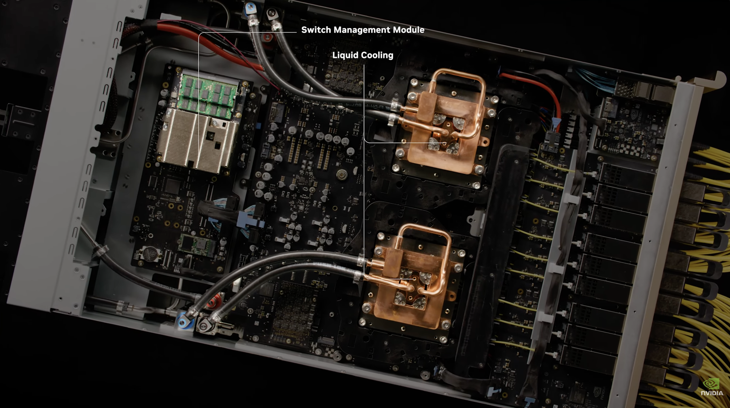 Q3450 with lid removed — Switch Management Module on the left, two large copper liquid-cooled cold plates covering the photonic packages