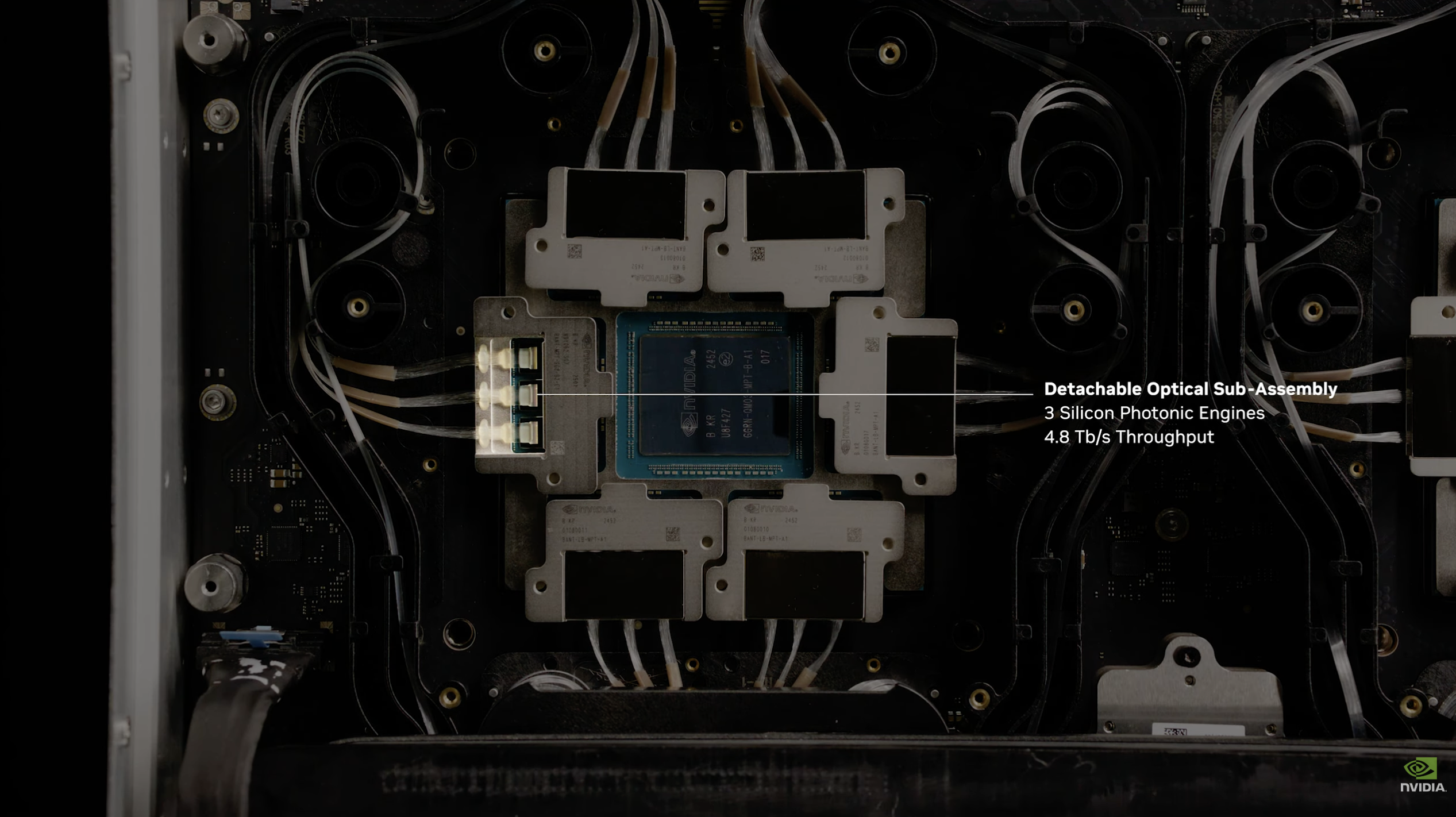 Single Detachable Optical Sub-Assembly removed from its socket — 3 Silicon Photonic Engines per OSA, 4.8 Tb/s throughput per assembly