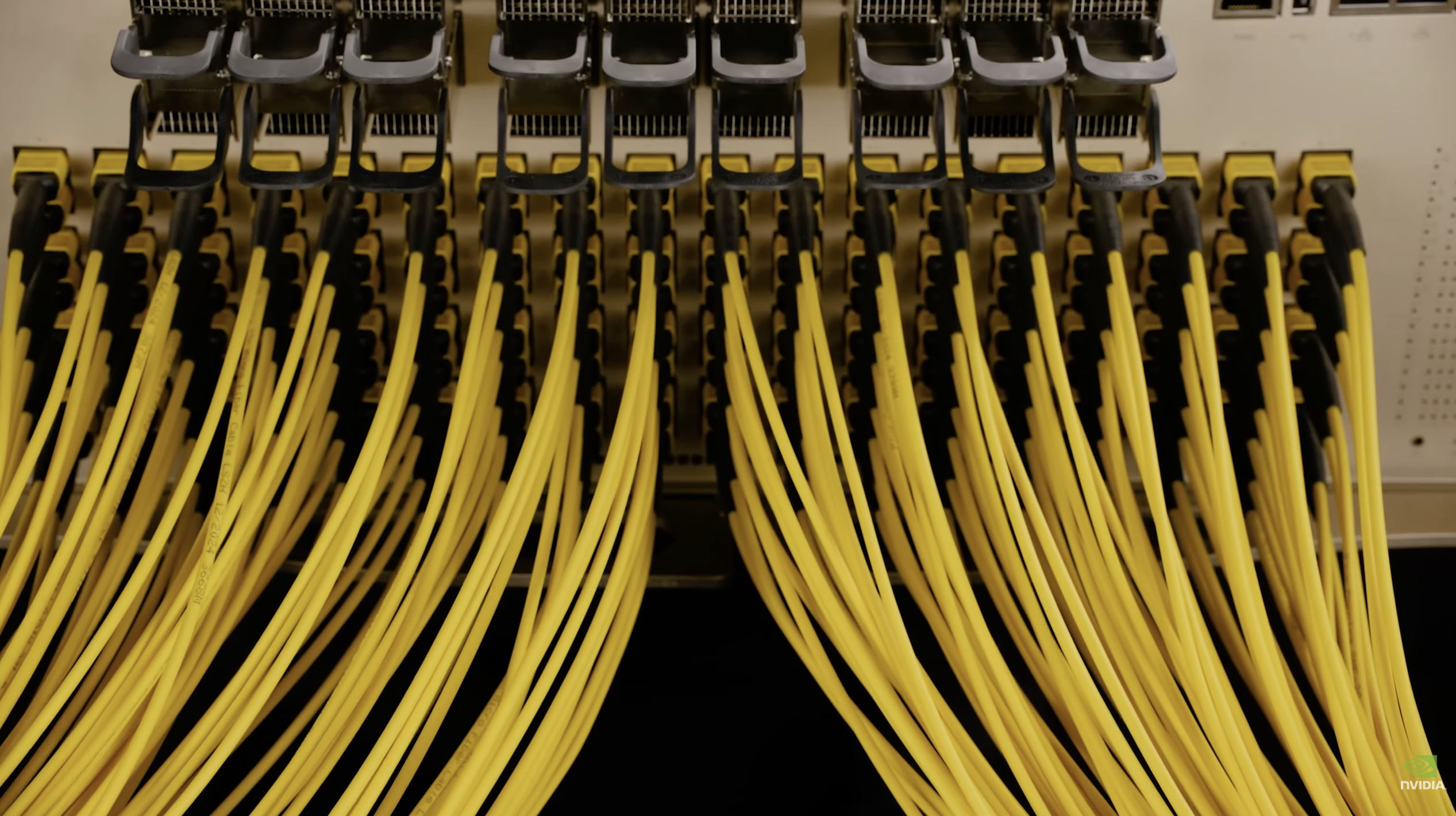 Q3450 front panel with yellow MPO fiber cables fanned out from every port — the deployed-ready state