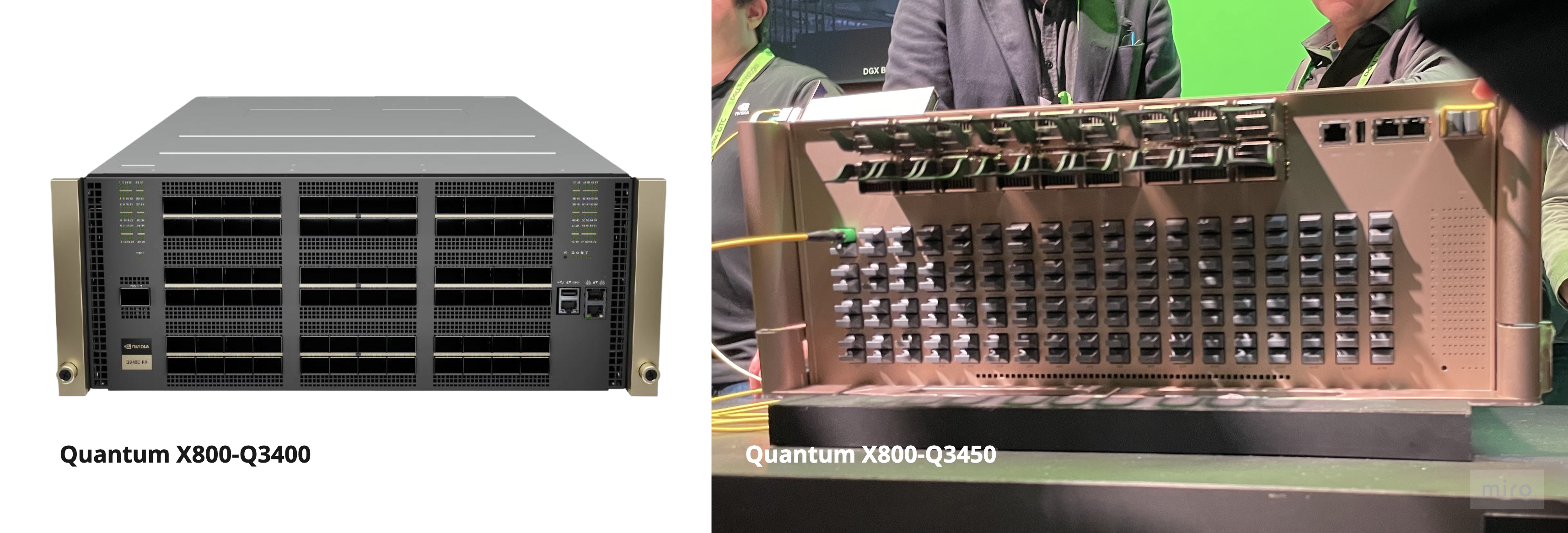 Q3400 (pluggable, left) vs Q3450 (CPO, right) — same 144 × 800G external port count, different optical interface and chassis size
