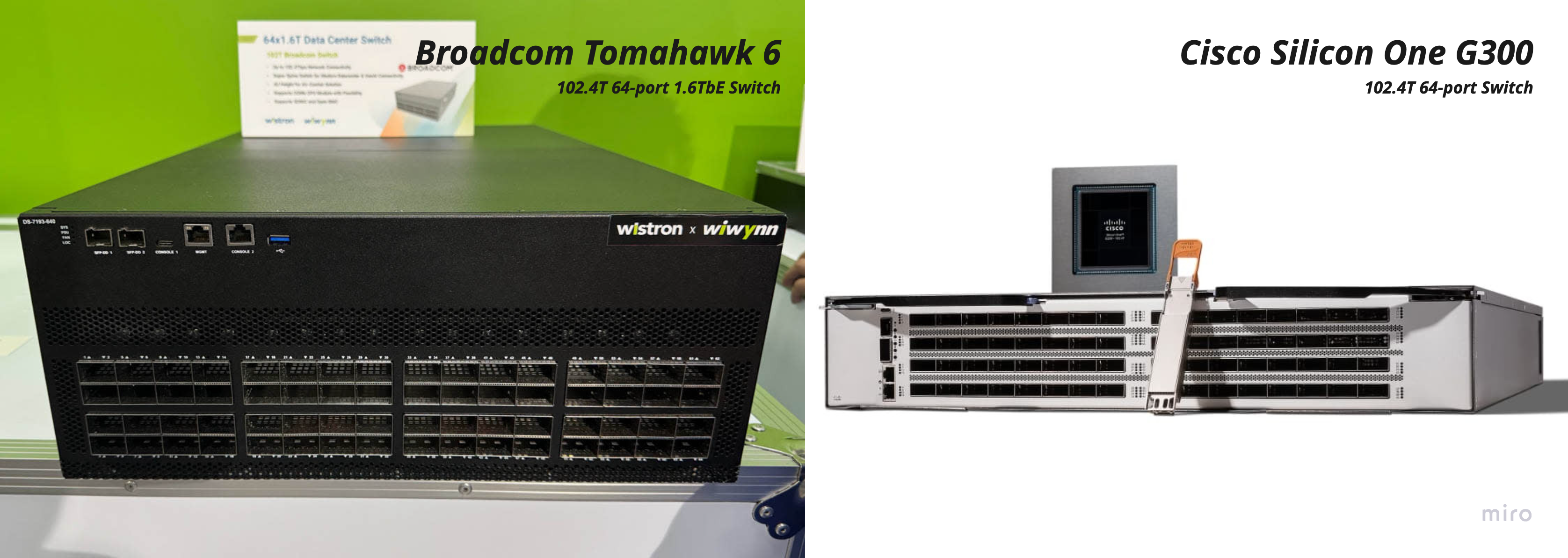 Broadcom Tomahawk 6 (Wistron / Wiwynn 64-port 1.6TbE chassis, left) vs Cisco Silicon One G300 (64-port 102.4T chassis, right) — the two leading non-Nvidia 102.4 Tb/s scale-out switch silicons shipping into hyperscaler fleets