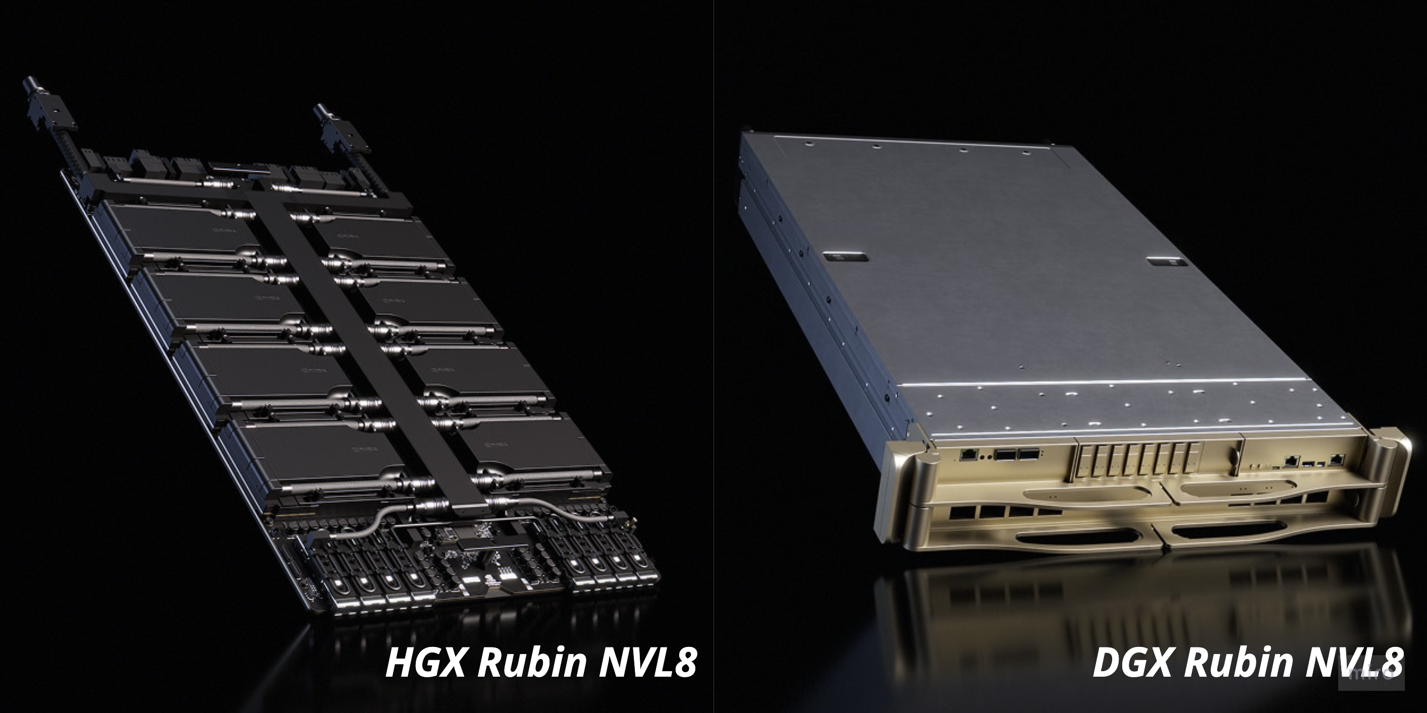 HGX Rubin NVL8 modular GPU baseboard (left) and DGX Rubin NVL8 integrated appliance (right) — the two form factors of the 8-GPU Rubin server